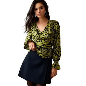 Anthropologie Exquise Wrap Blouse XL Green Black Tiger Print‎ NWT $190